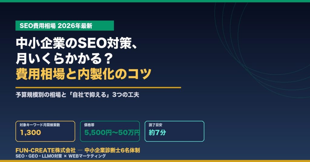 中小企業のSEO対策、月いくらかかる？費用相場と内製化のコツ【2026年版】（FUN-CREATE）